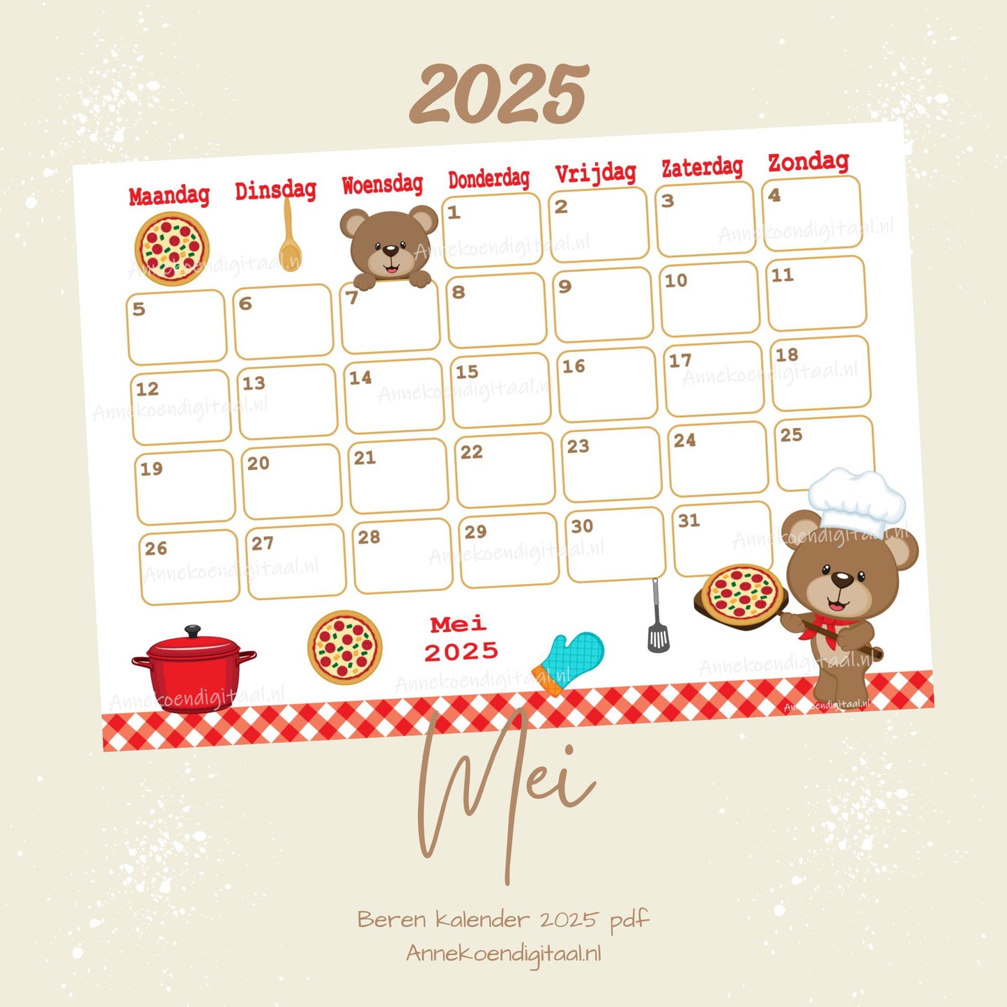 Mei kalender Pizza Beren serie Beren 2025