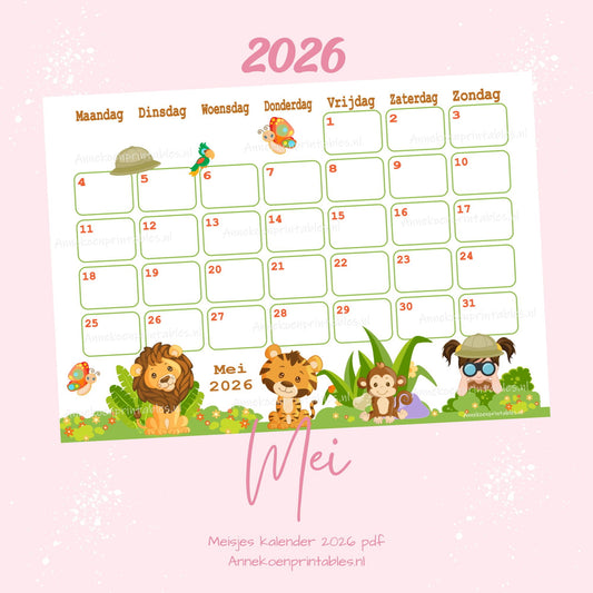 Mei kalender Safari serie Meisjes 2025 - 2026