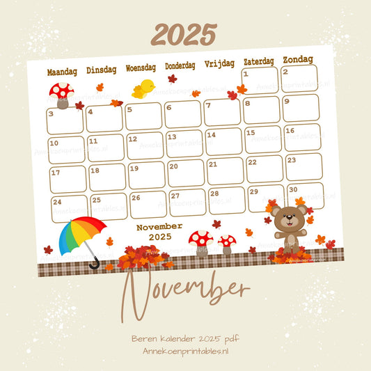 November 2025 maandkalender Herfst serie Beren