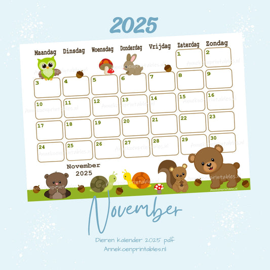 November 2025 maandkalender Bosdieren serie Dieren