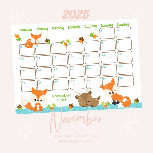 November 2025 maandkalender Woodland serie Kawaii