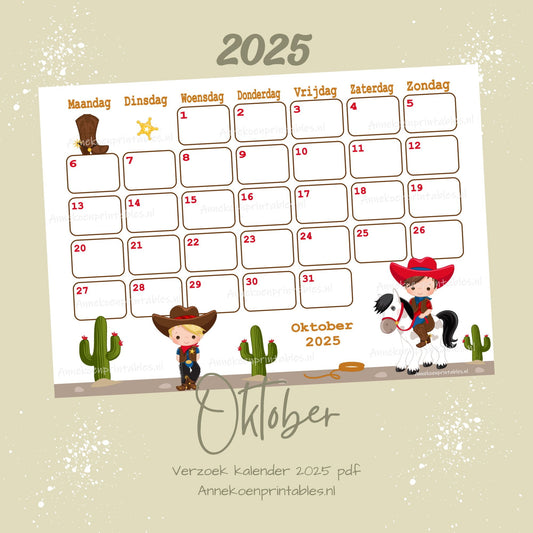 Oktober kalender Cowboys serie Verzoek 2025