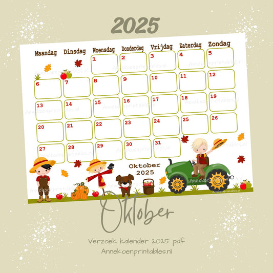 Oktober 2025 maandkalender Herfst op de boerderij serie Verzoek