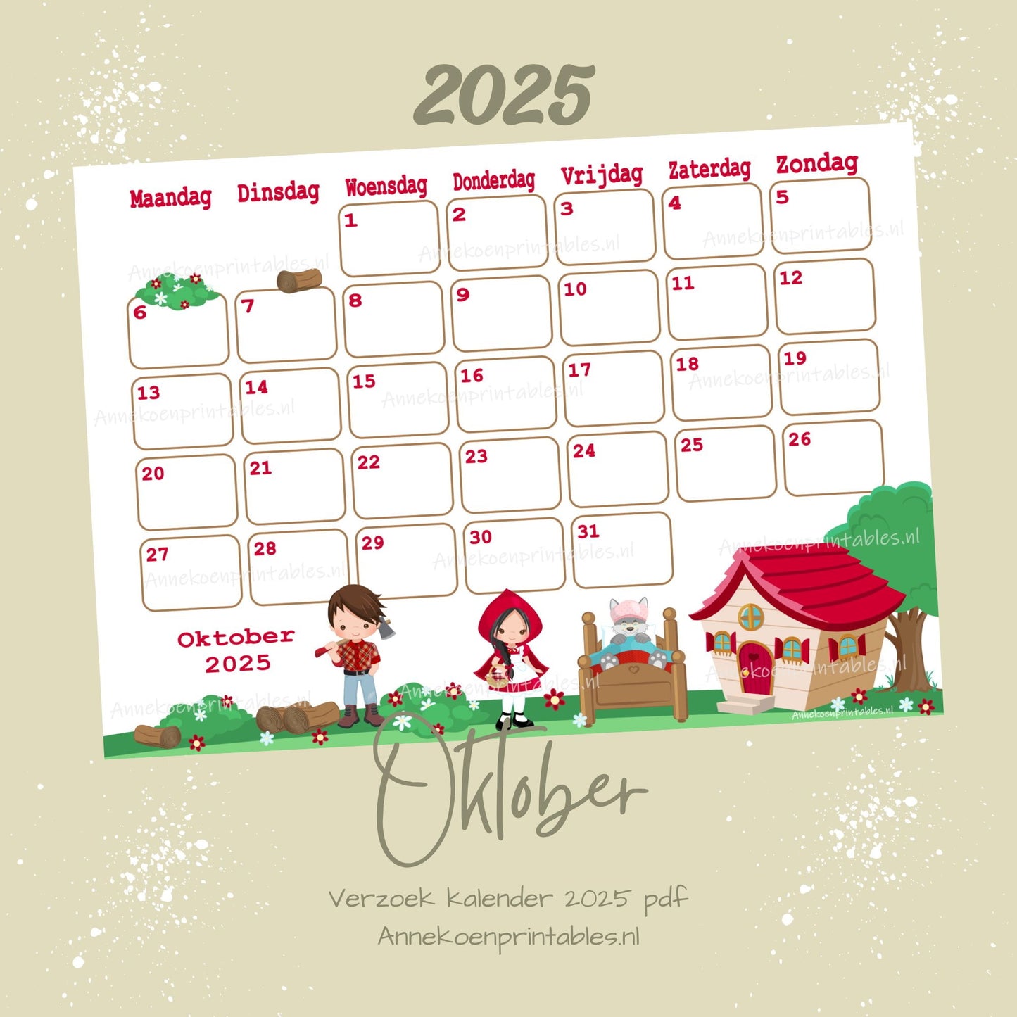 Oktober 2025 maandkalender Roodkapje serie Verzoek