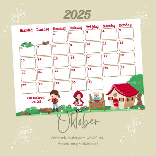 Oktober 2025 maandkalender Roodkapje serie Verzoek