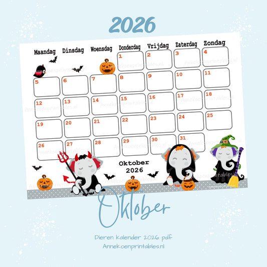 Oktober kalender Olifanten serie Dieren 2026