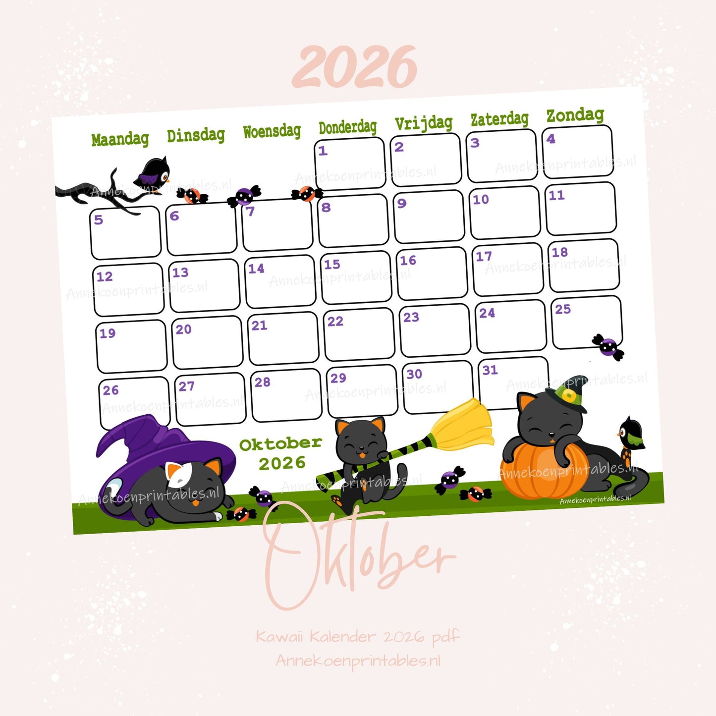 Oktober kalender Katten serie Kawaii 2026