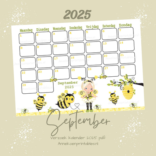 September kalender Bijen meisje serie Verzoek 2025