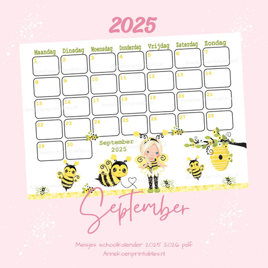 September kalender Bijen serie Meisjes 2025 - 2026