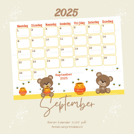 September 2025 maandkalender Honingberen serie Beren