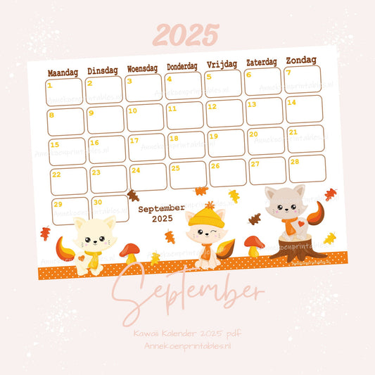 September 2025 maandkalender Katten serie Kawaii