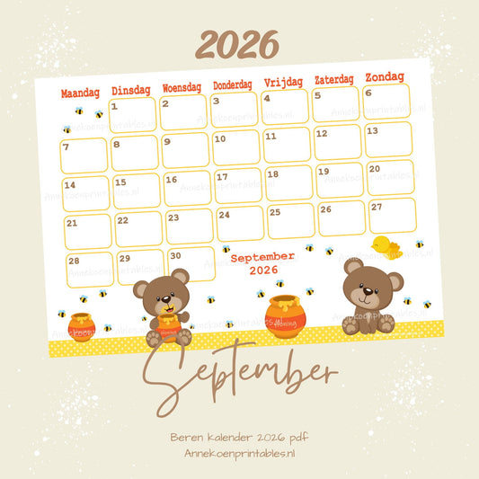 September kalender Honing serie Beren 2026